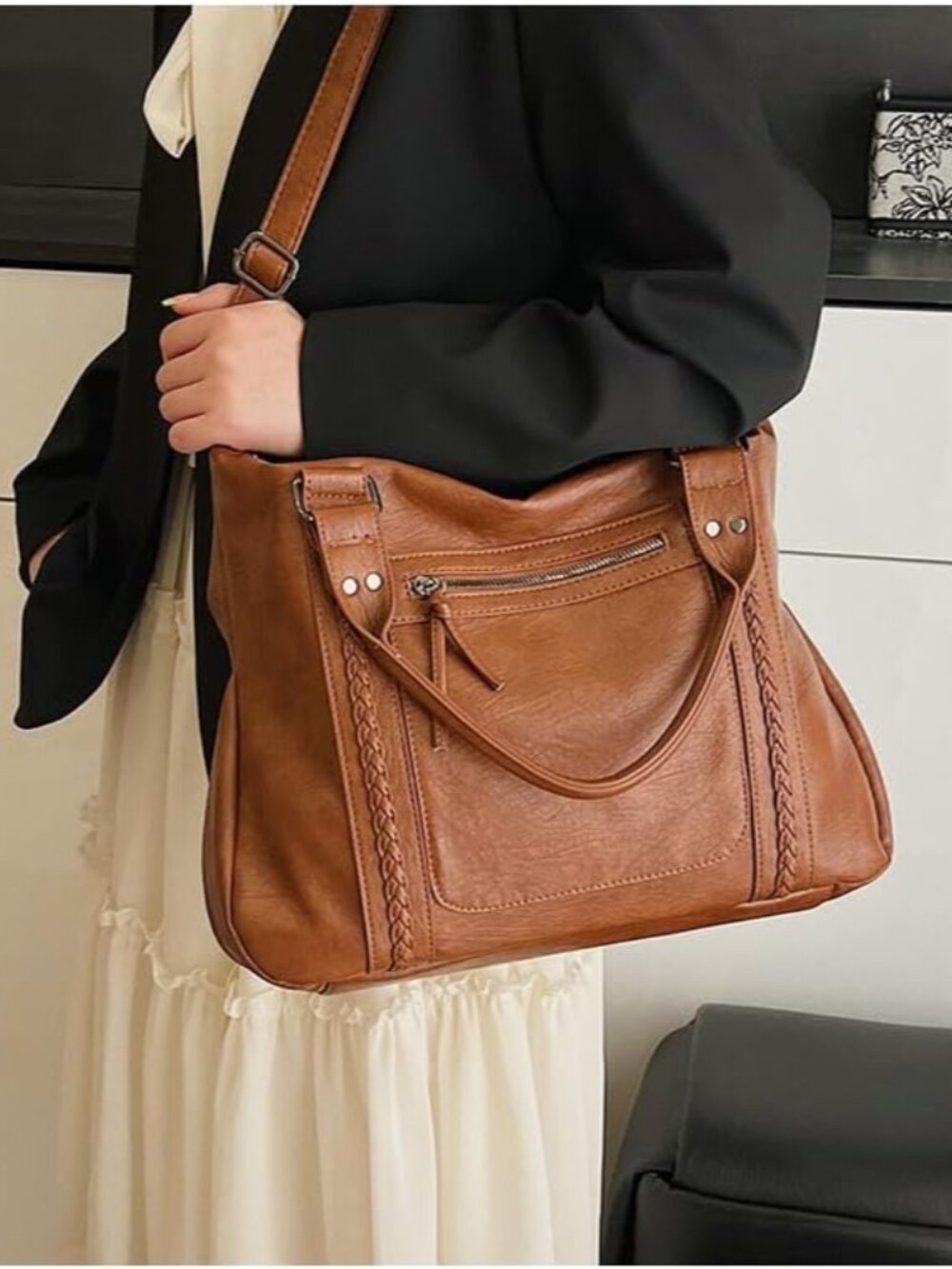 Women's Vintage Tote Bag, Retro Vegan Leather Shouler Bag Large Capacity, Trendy - Picture 3 of 7